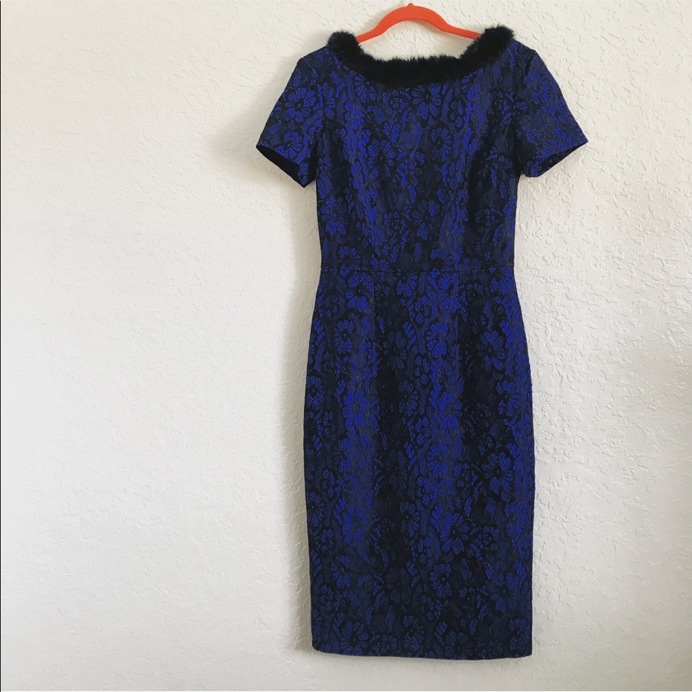 Tatyana Black and Blue fur collared dress